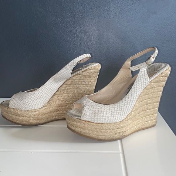 Jimmy Choo White Faux Snakeskin Sling Back Peep Toe Wedge - Picture 2 of 11